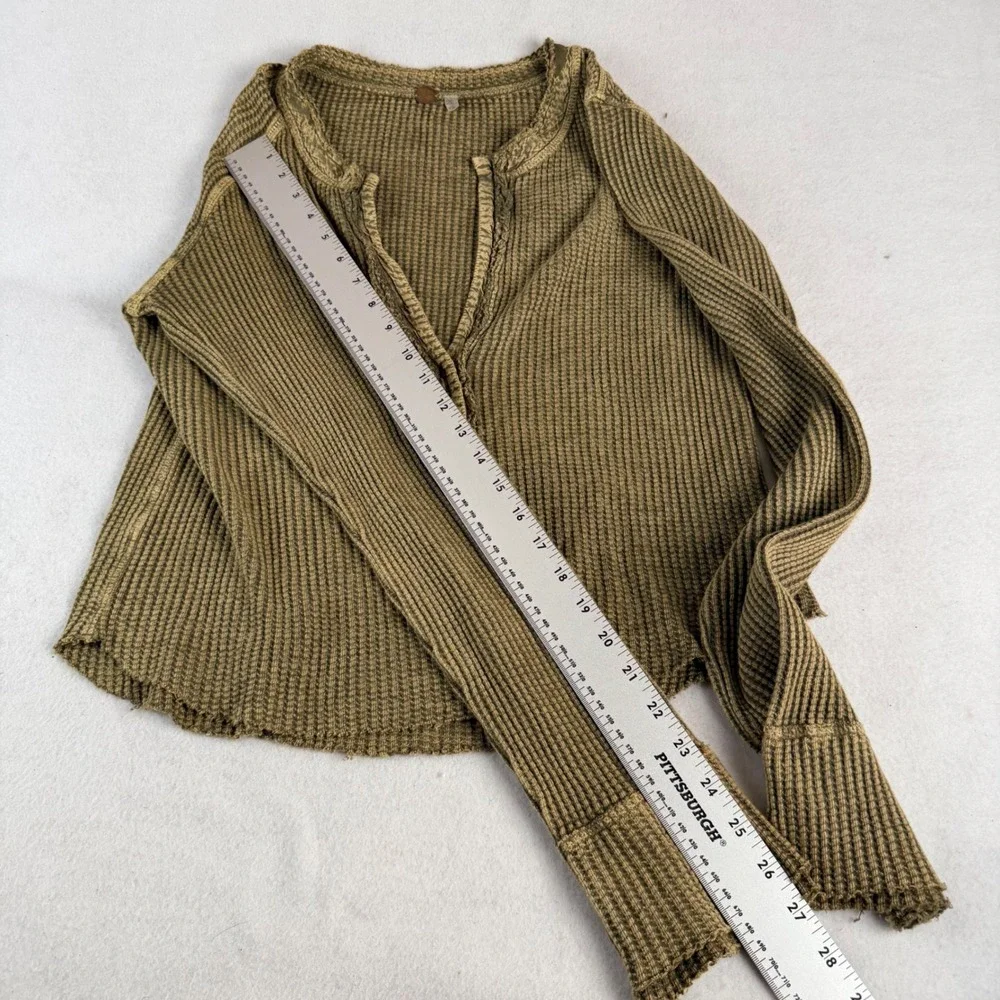 Free People FP One Waffle Knit Henley Thermal Top Olive Brown Boho Large